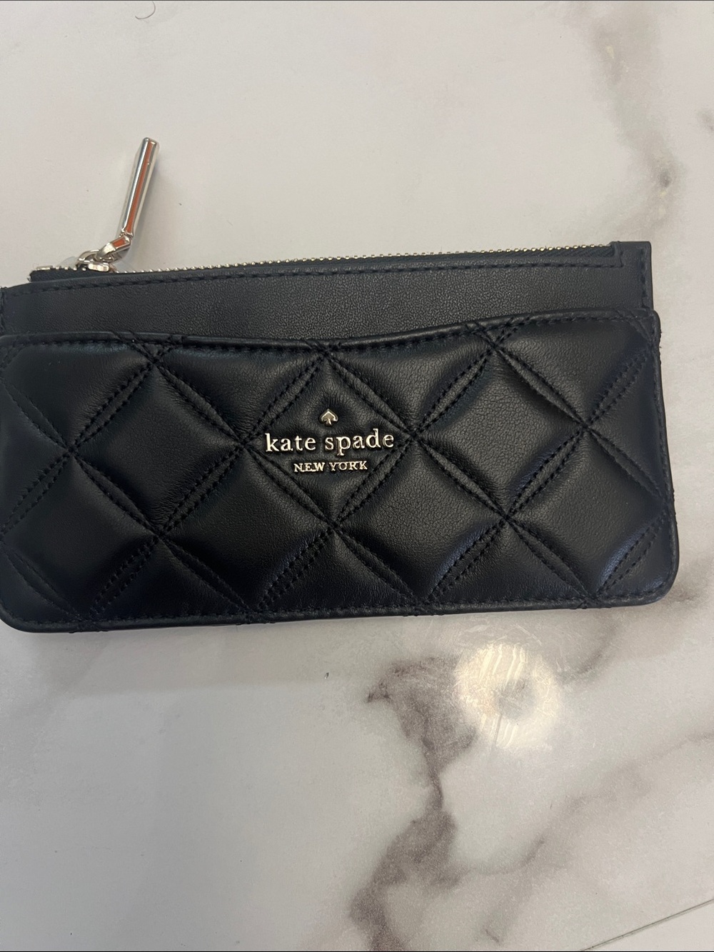 kate spade Black Quilted Leather Zip Card Wallet with Silver Hardware